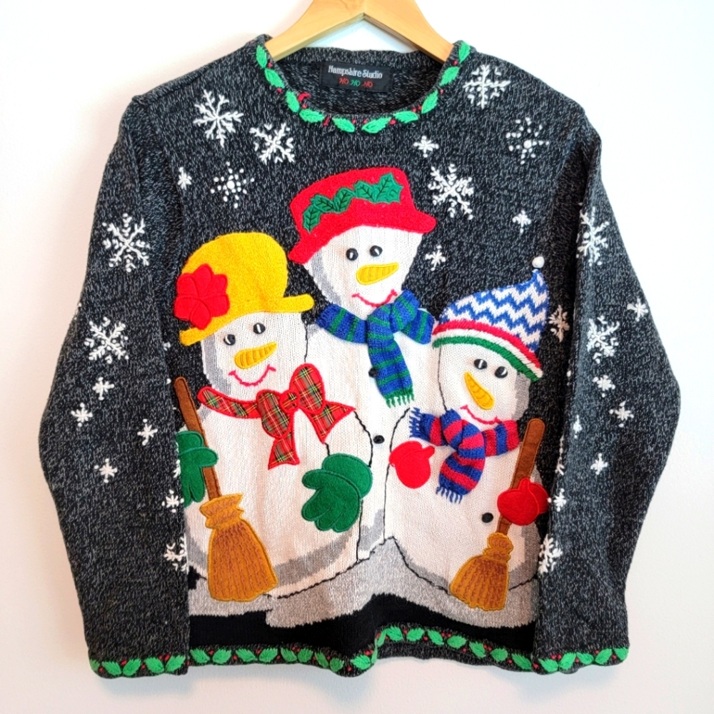 Christmas Winter Sweater Knitted Embroided Snowmen Hampshire Studio Sz S Grandma